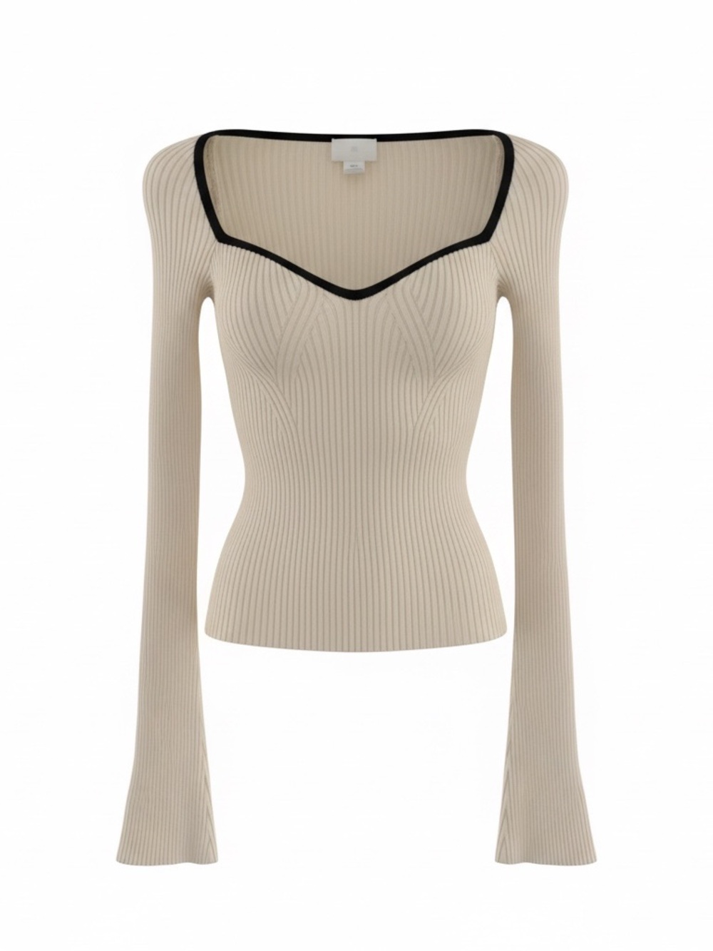 H&M Cream Ribbed Square Neck Long Sleeve Top with Black Trim